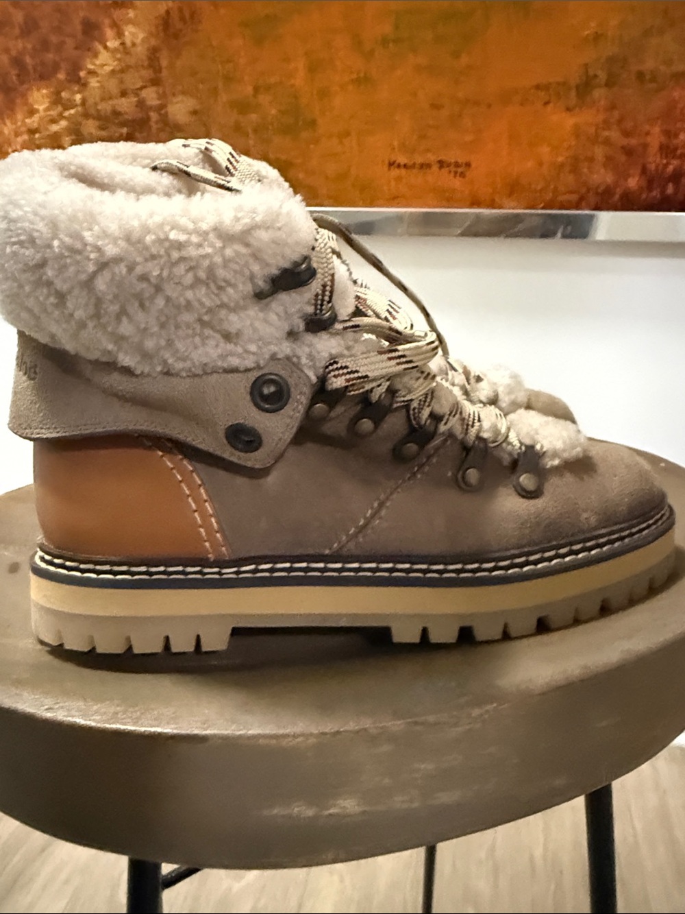 See By Chloe Taupe Shearling-Trim Lace-Up Winter Boot